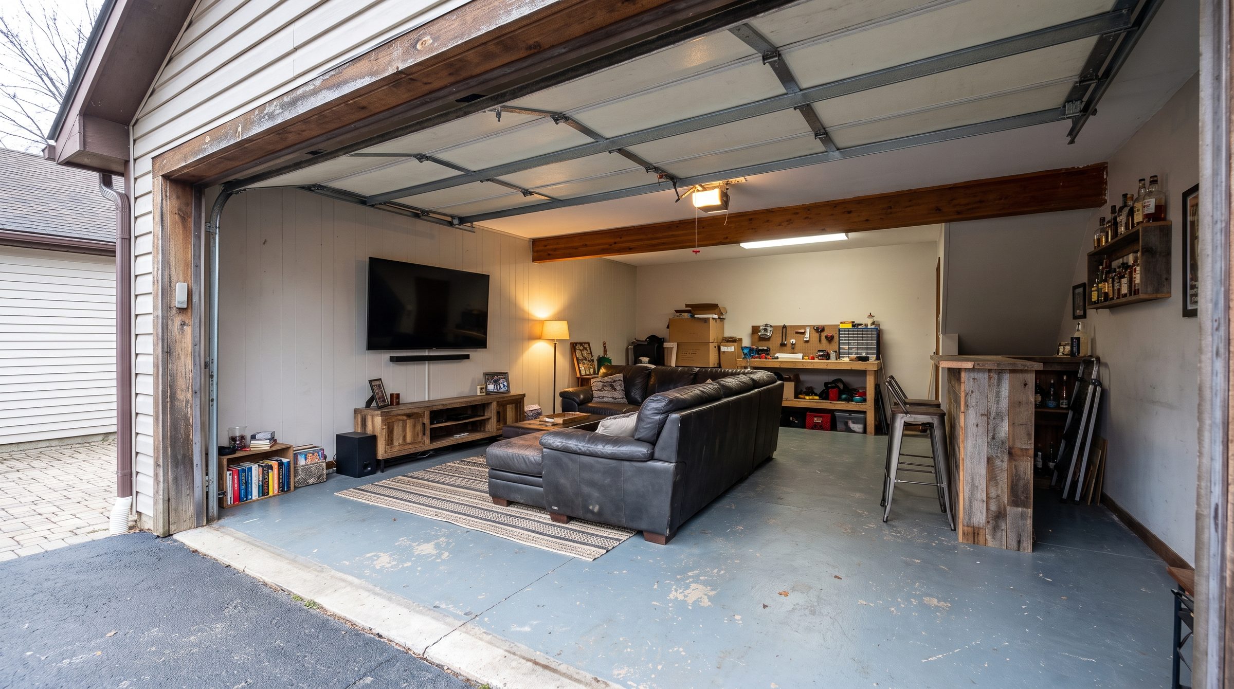 A two-car garage converted into a man cave, garage door open to daylight